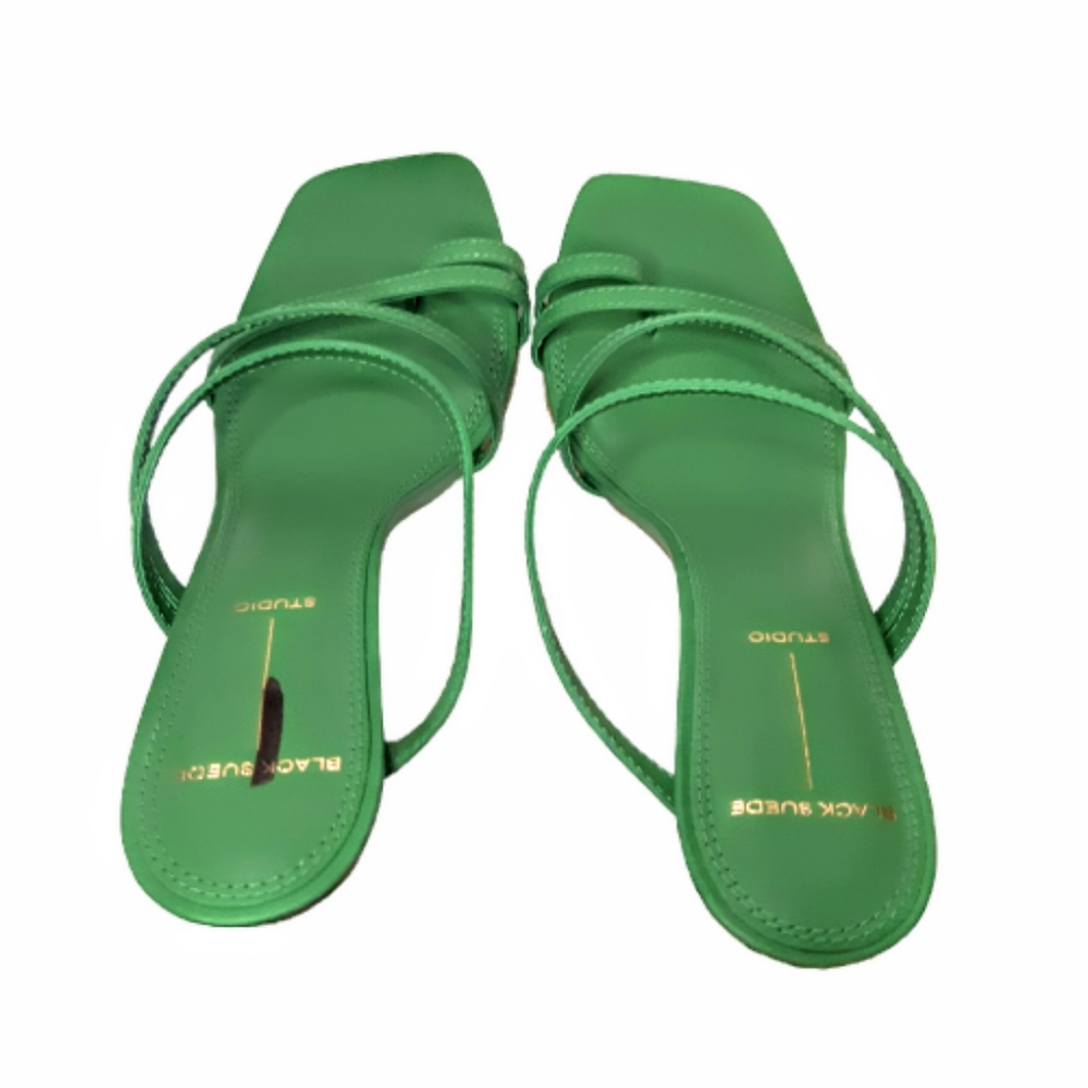 Black Suede Studio Cindy Stiletto Strappy  Mule Sandal Green Leather Toe Loop - Picture 7 of 10